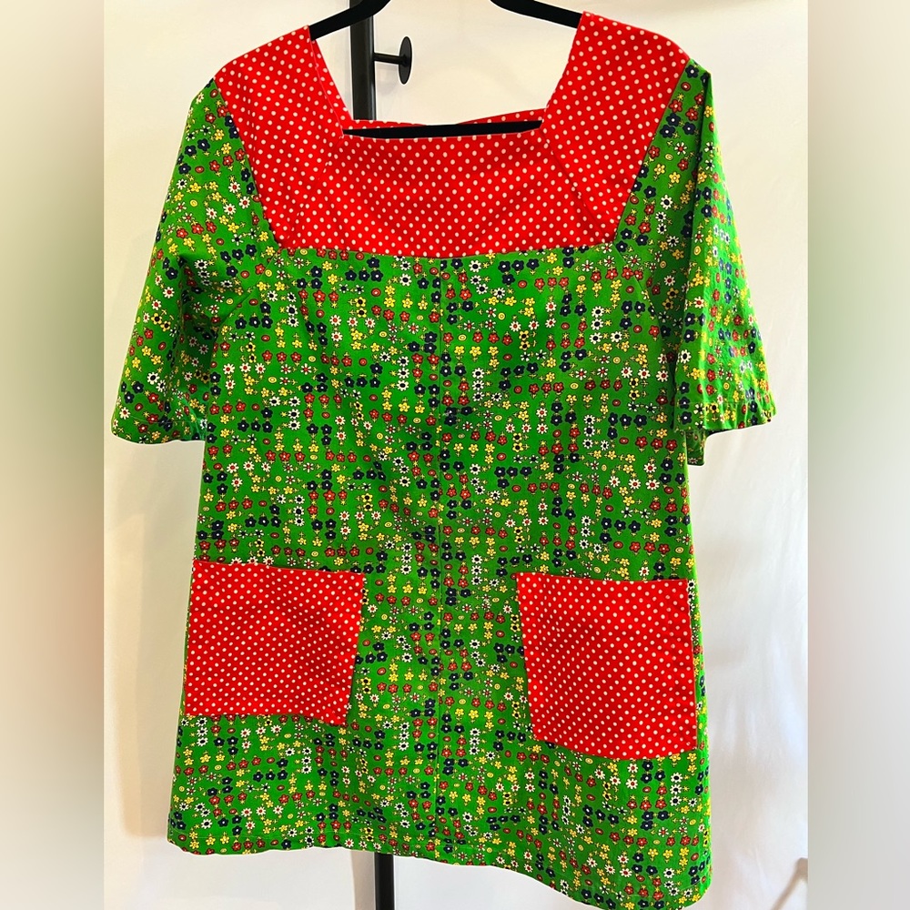 Design House 70’s 60s Vintage Red Green Patchwork Floral Smock Top Size Large